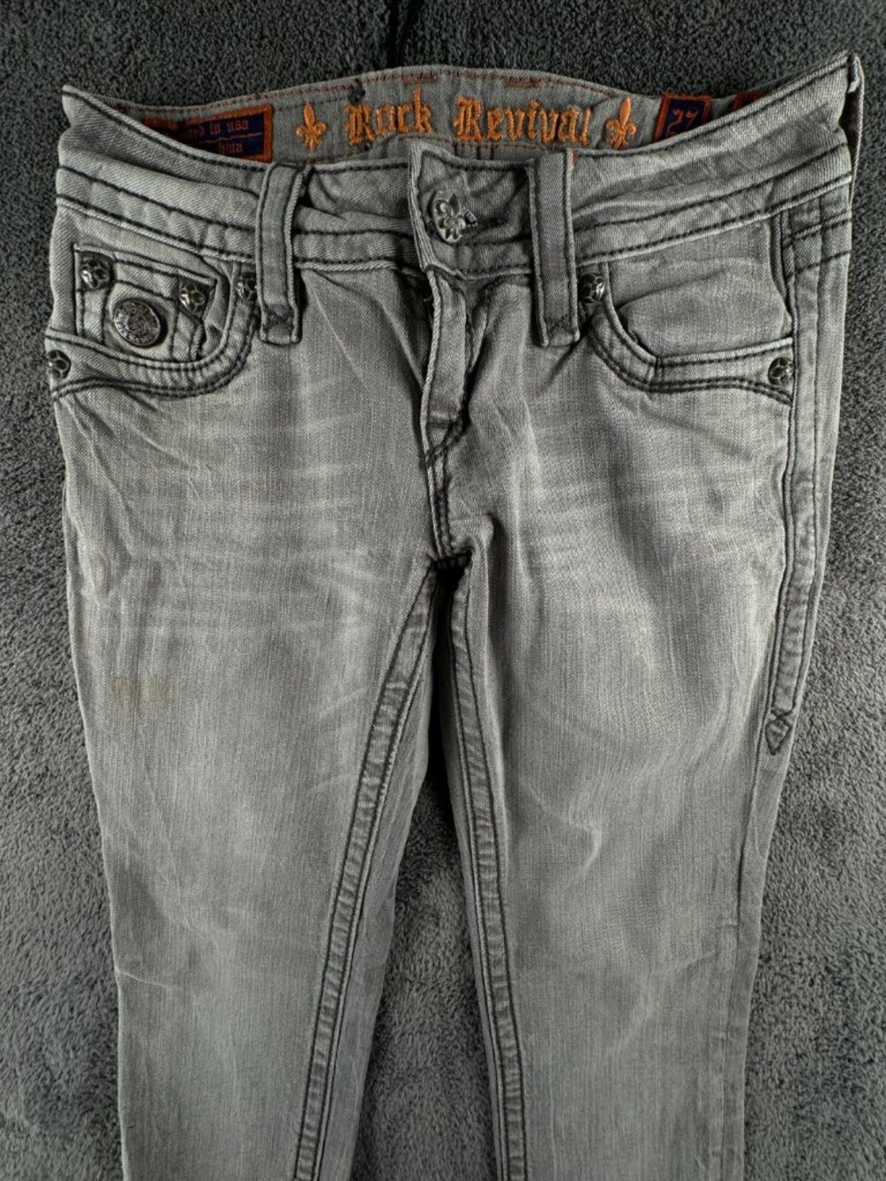 Rock Revival Jeans Celine Skinny Embellished Distressed Women’s Sz 27 Gray